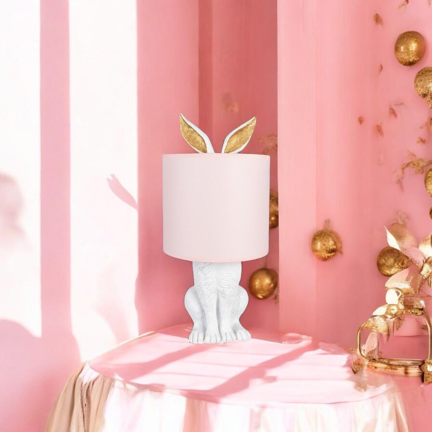 Hare Table Lamp, Pink Shade, Gold Accent, Whimsical Nursery Decor