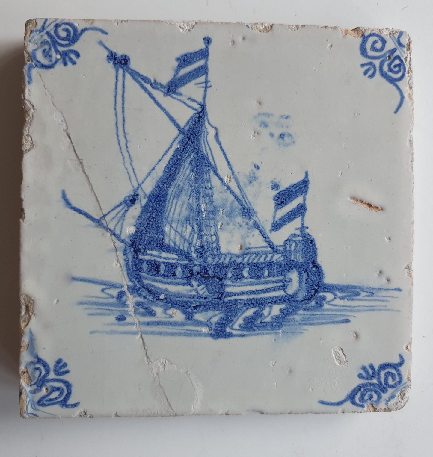Antique Delft Tile – 17th Century Dutch Ship Motif