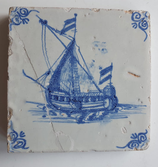 Antique Delft Tile – 17th Century Dutch Ship Motif
