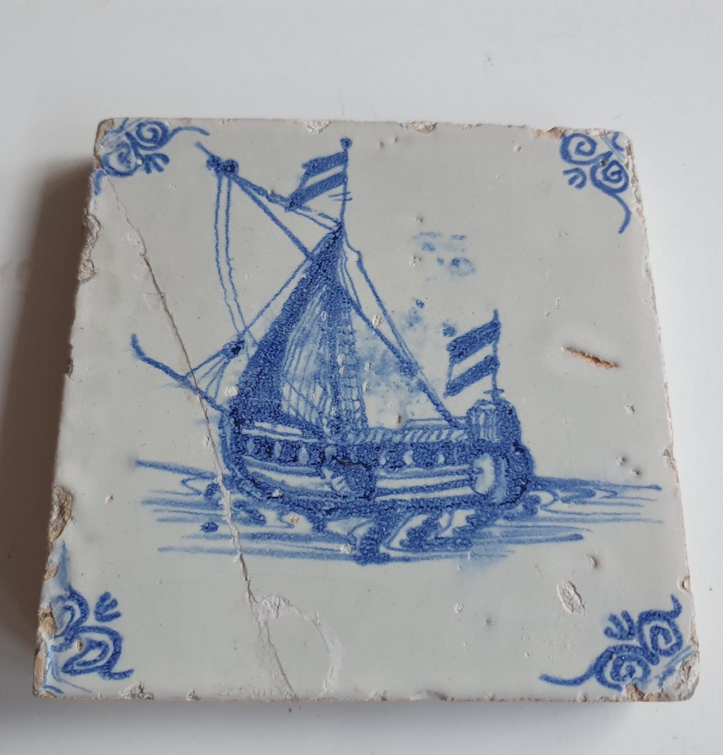 Antique Delft Tile – 17th Century Dutch Ship Motif