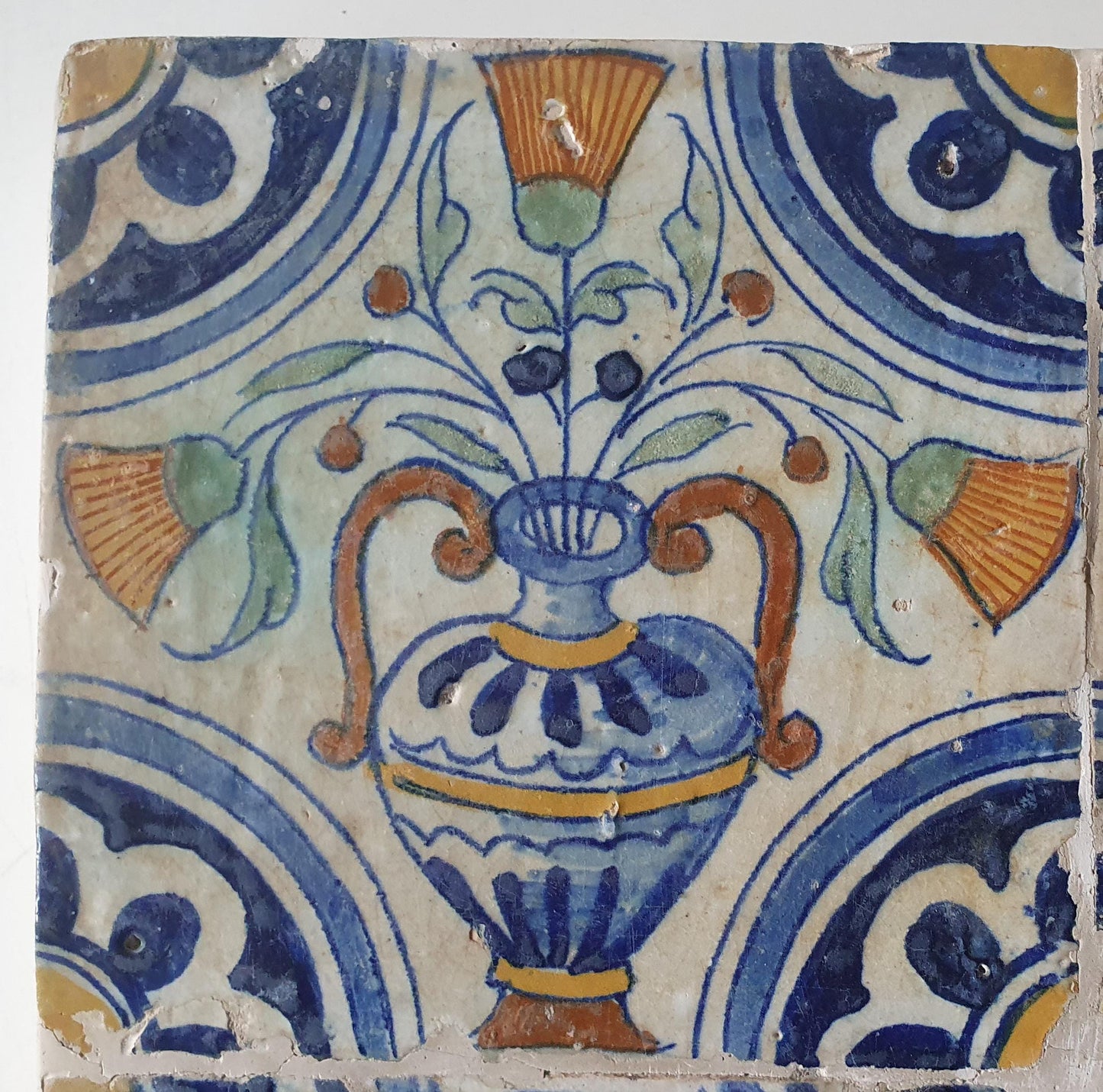 Antique Dutch Polychrome Tiles – 17th Century Floral Ornament