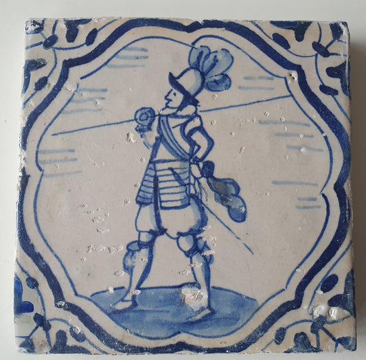 Antique Dutch Delft Tile – 17th Century Soldier with Javelin