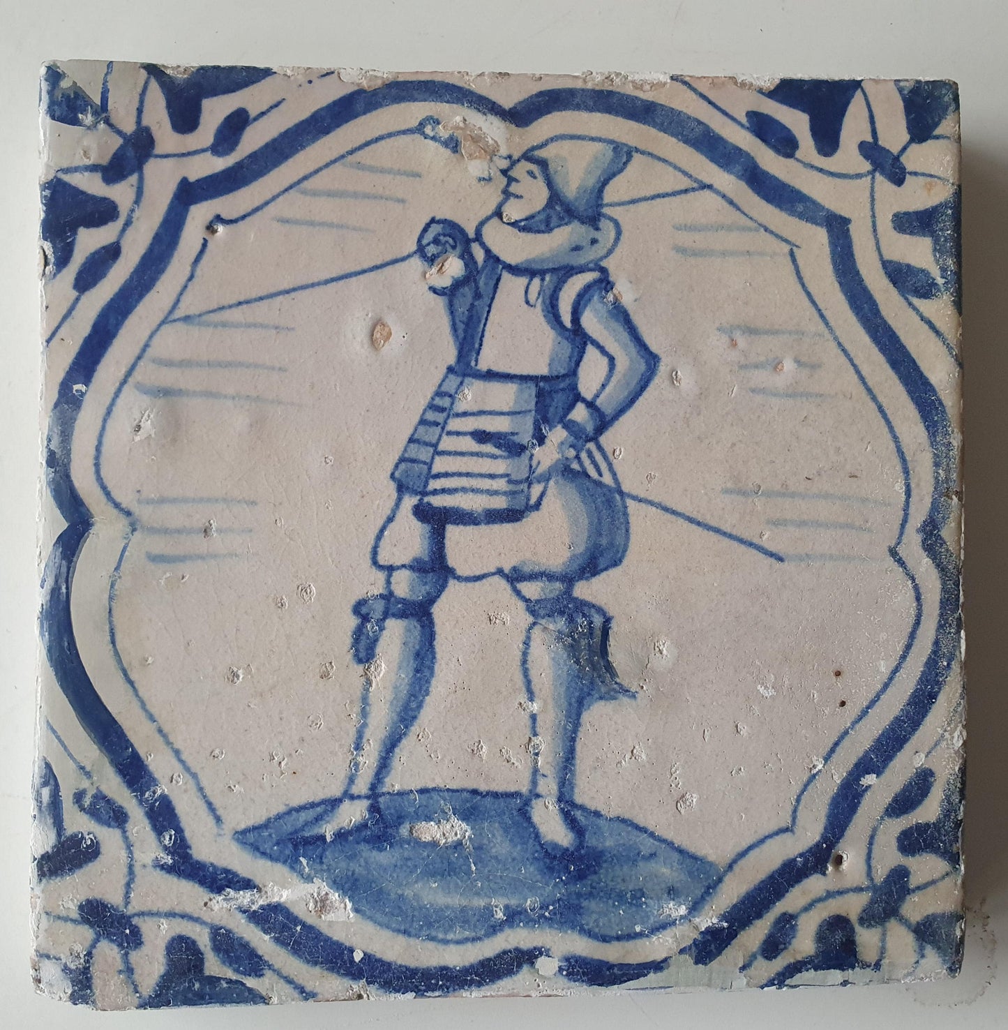 Antique Delft Blue Tile – 17th Century Dutch Soldier, Rare