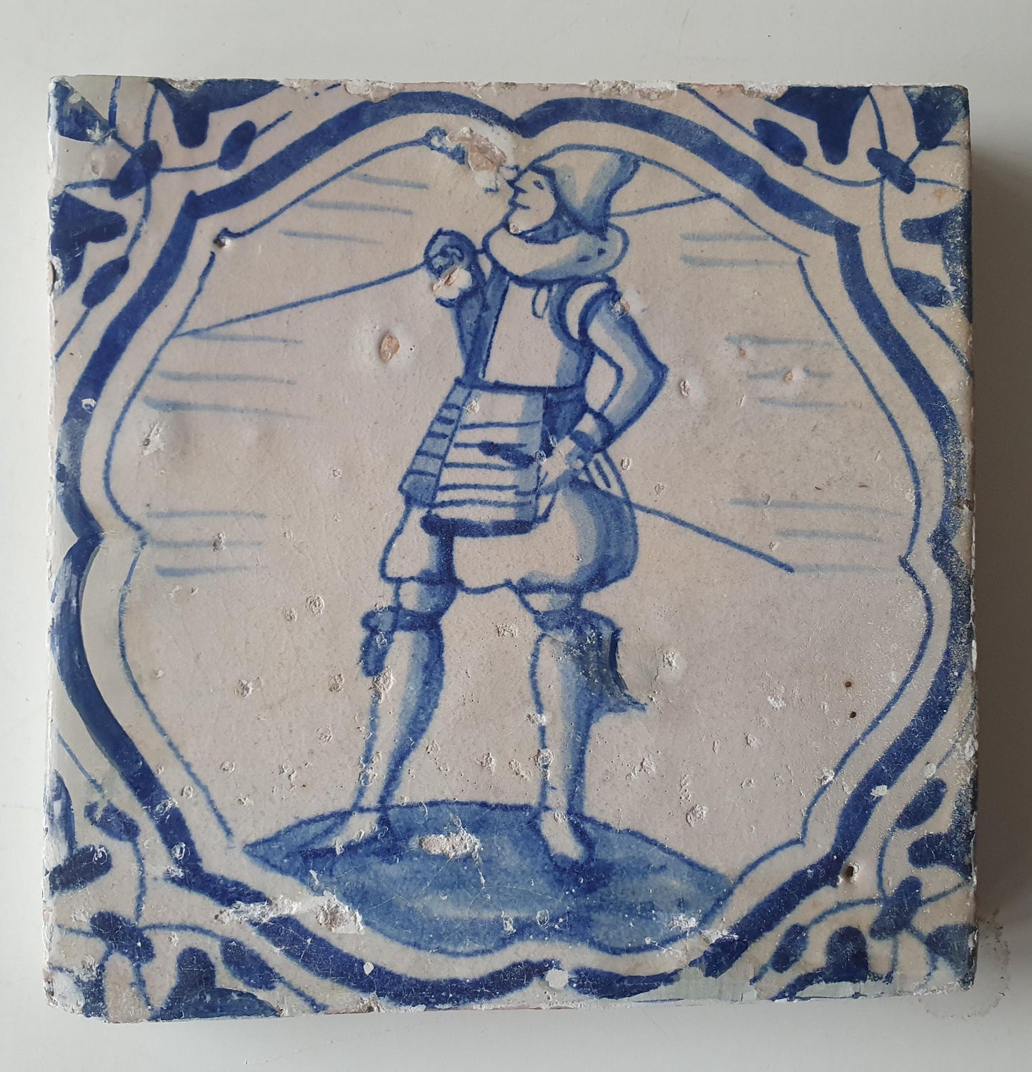 Antique Delft Blue Tile – 17th Century Dutch Soldier, Rare