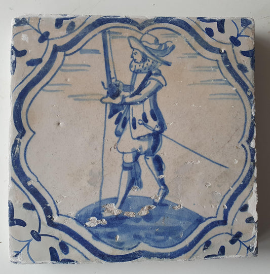 Antique Delft Tile – 17th Century Dutch Soldier with Javelin
