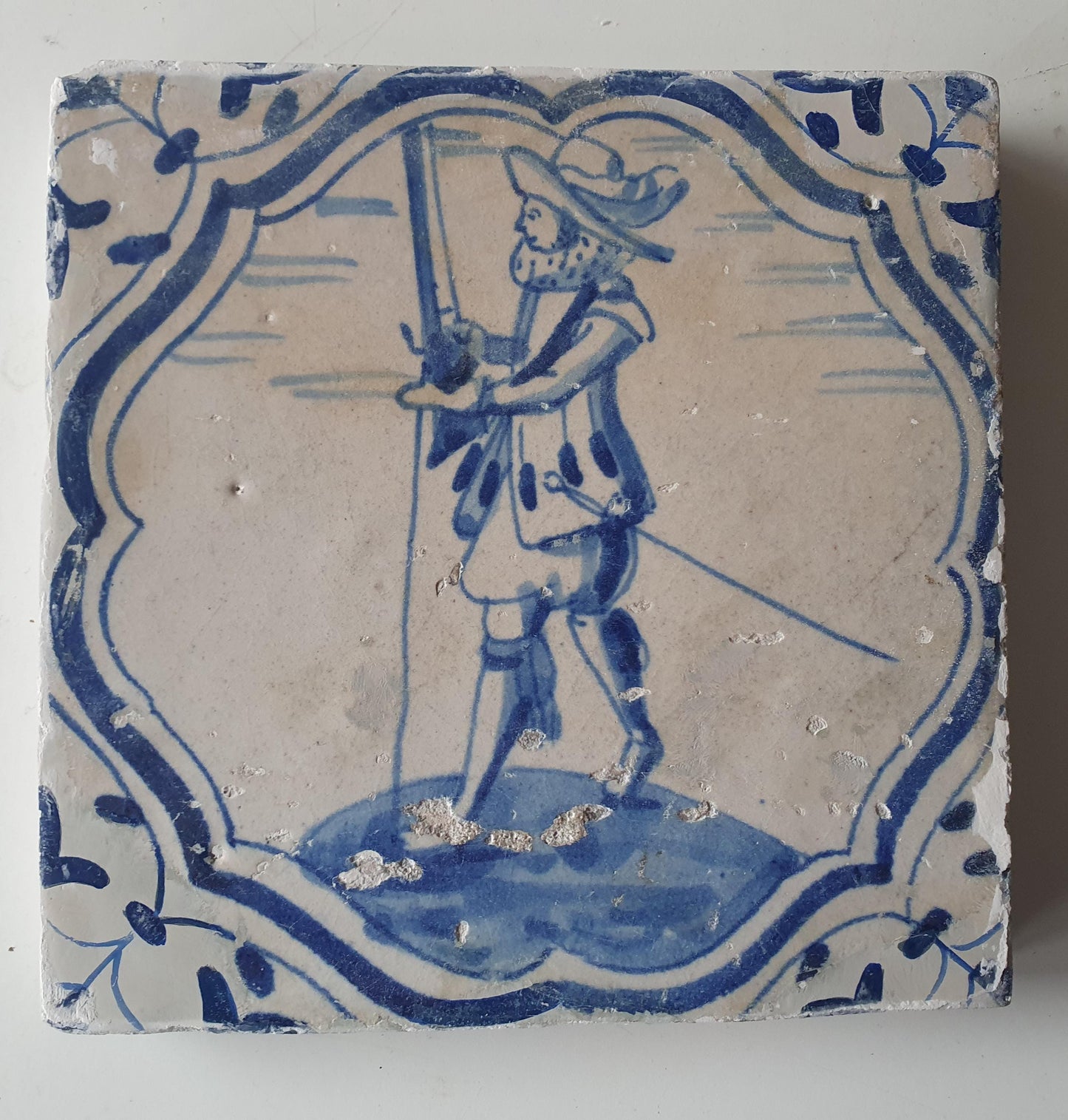 Antique Delft Tile – 17th Century Dutch Soldier with Javelin