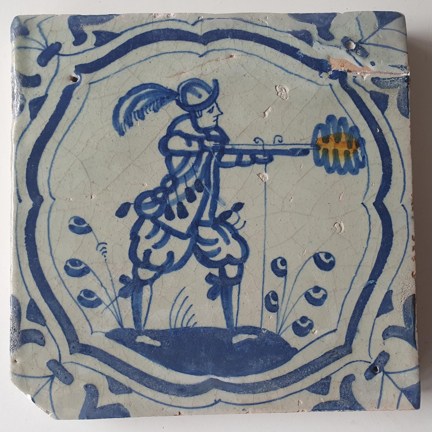 Antique Delft Blue Tile – 1640 Dutch Soldier, Holland 17th Century