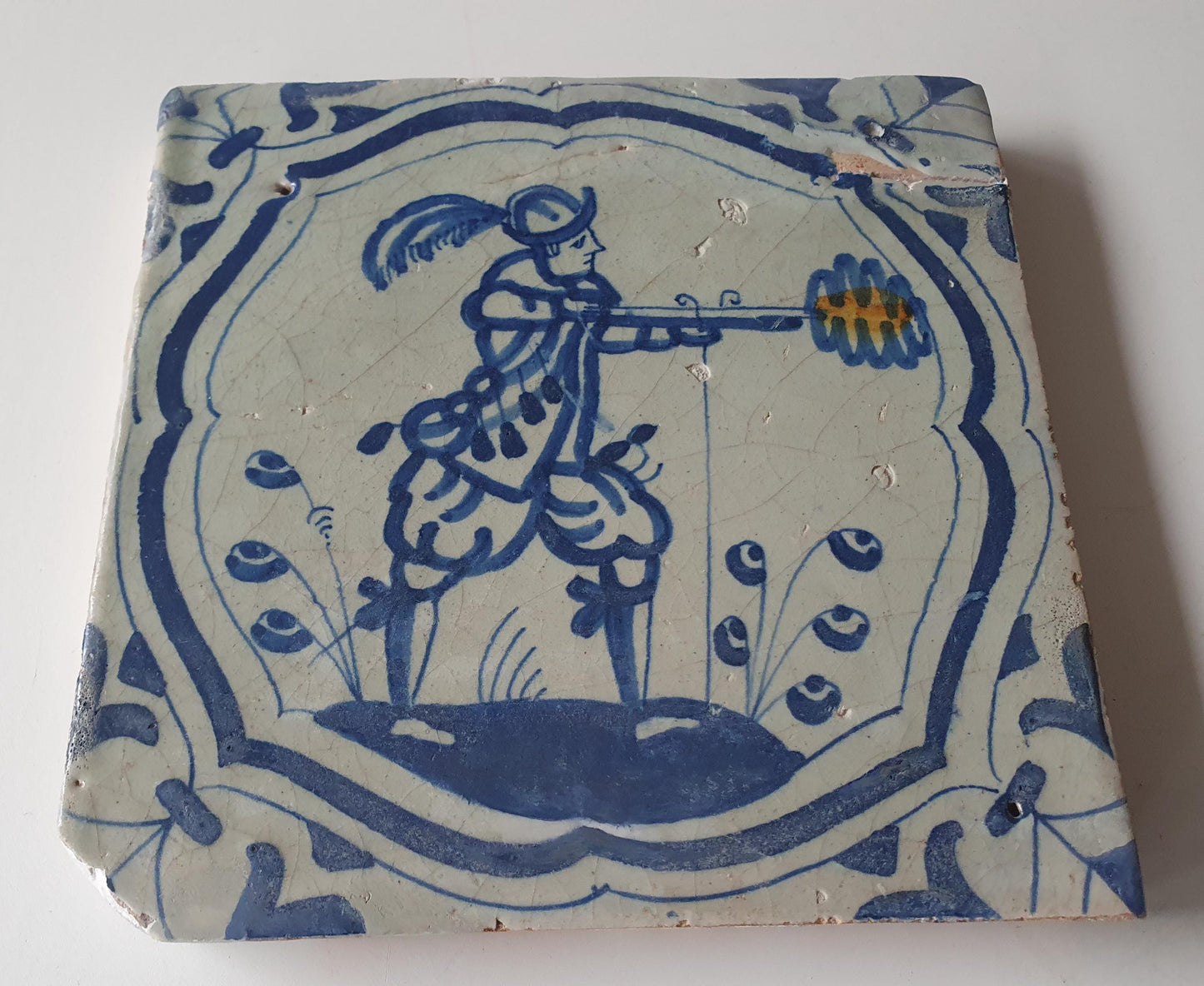 Antique Delft Blue Tile – 1640 Dutch Soldier, Holland 17th Century
