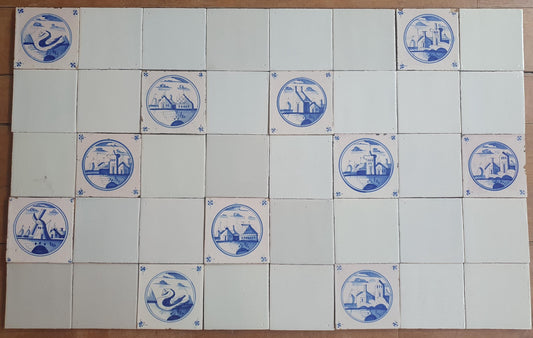 40 Delft Landscape Tiles, 18th Century Dutch Tilefield,