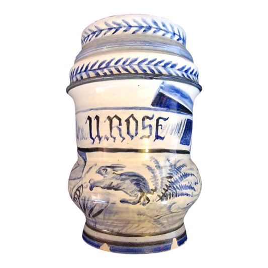 albarello, italian majolica 17th century antique, blauw fond, zuid Italië sicilie