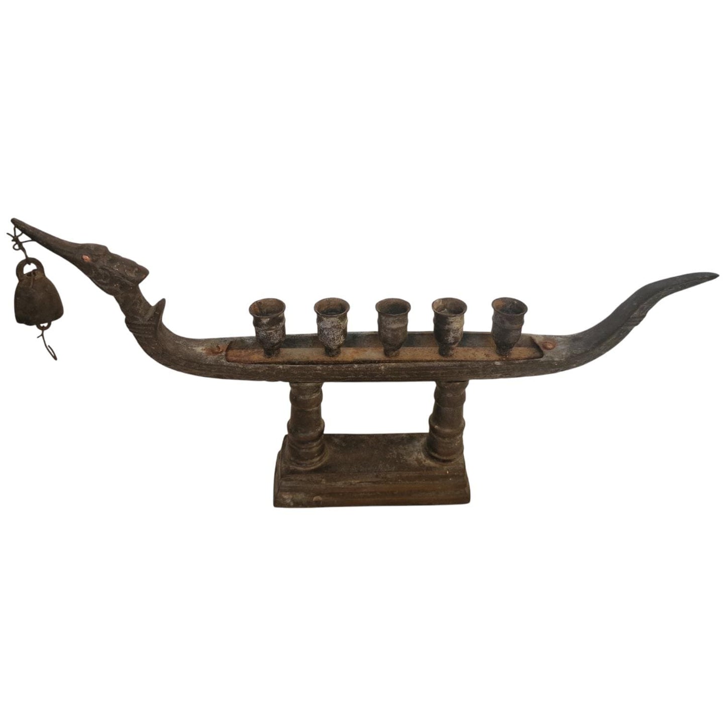 Antique Tribal Bronze Ritual Lamp – Indian Boat with Bell, 5-Holder