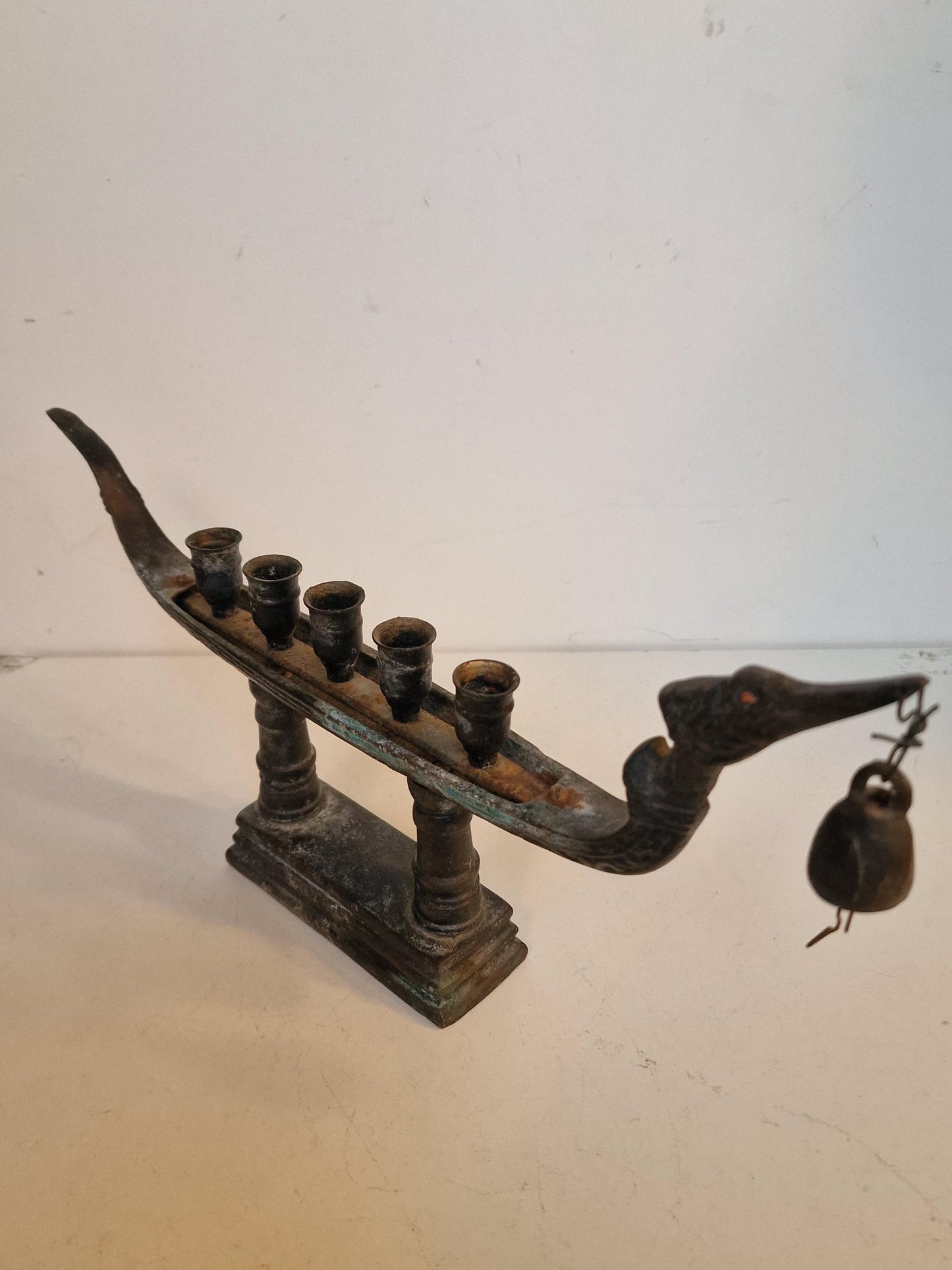 Antique Tribal Bronze Ritual Lamp – Indian Boat with Bell, 5-Holder
