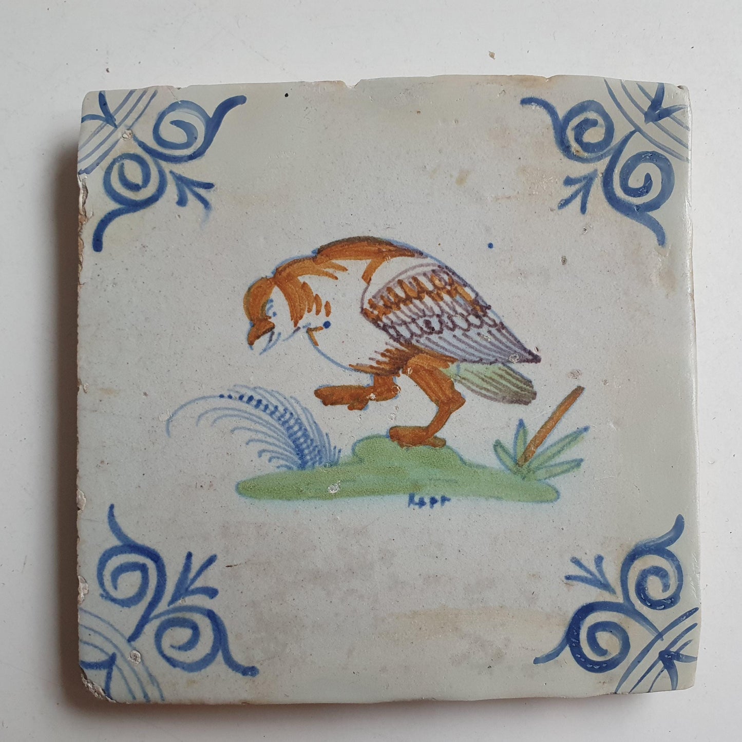Antique Delft Tile – Polychrome Parrot Bird, Oxhead Motifs, c.1625