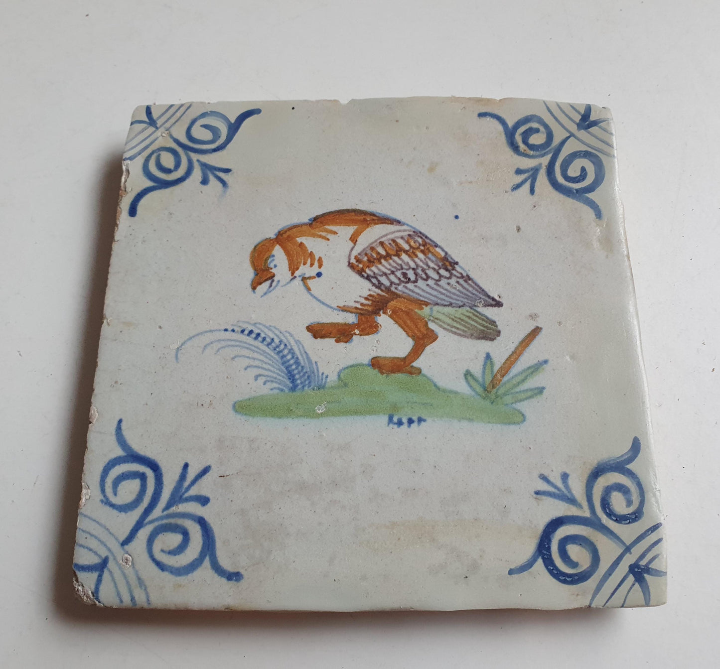 Antique Delft Tile – Polychrome Parrot Bird, Oxhead Motifs, c.1625