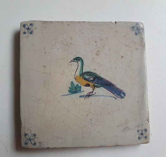 Antique Delft Tile – Polychrome Bird, Spiderhead Motifs, Circa 1640