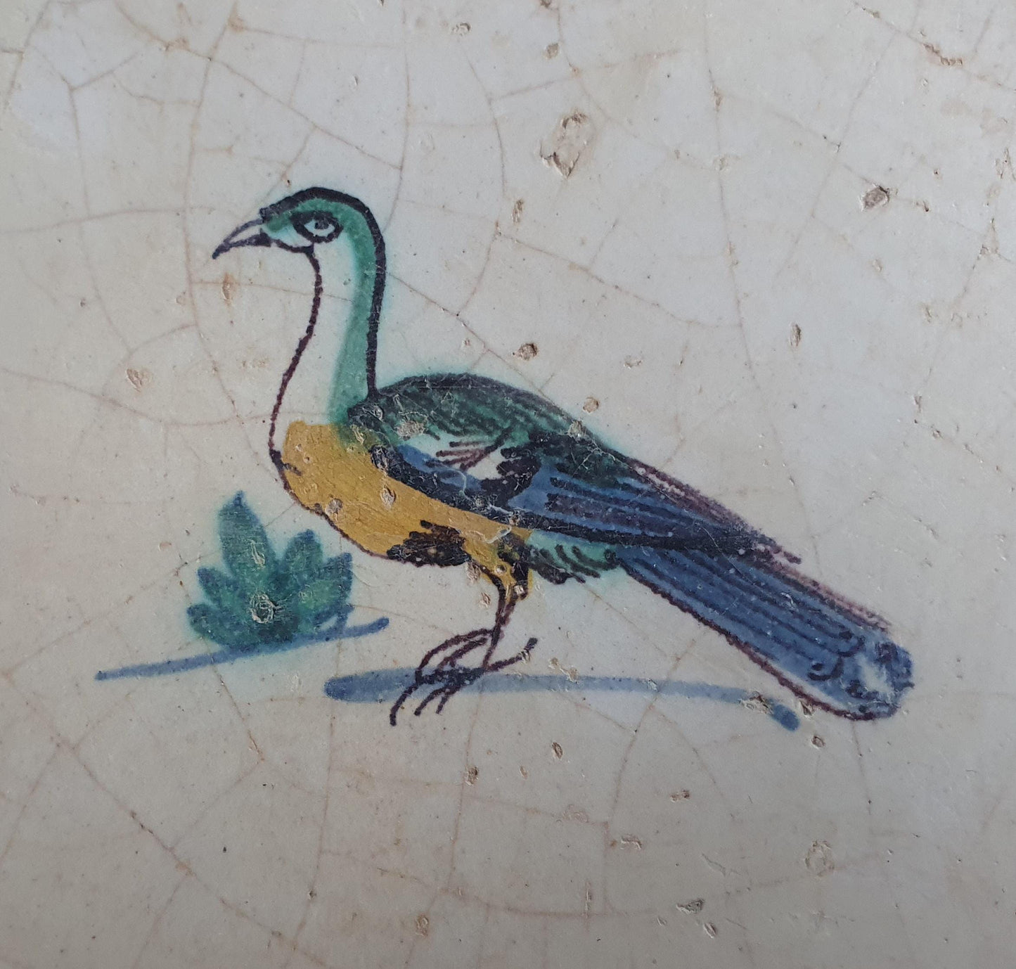 Antique Delft Tile – Polychrome Bird, Spiderhead Motifs, Circa 1640