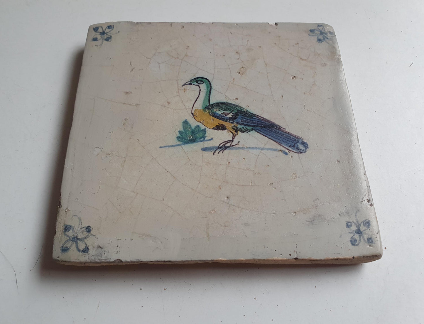 Antique Delft Tile – Polychrome Bird, Spiderhead Motifs, Circa 1640