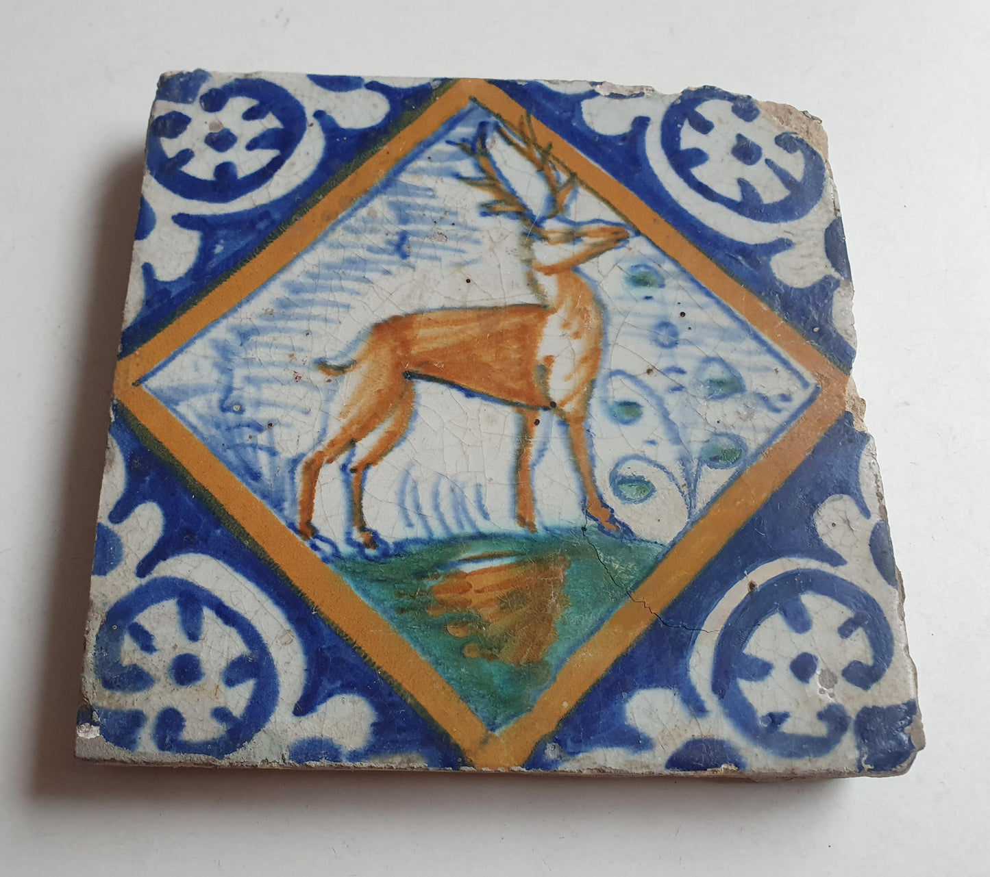 Antique Dutch Tile, 17th Century Polychrome Majolica, Stag Design
