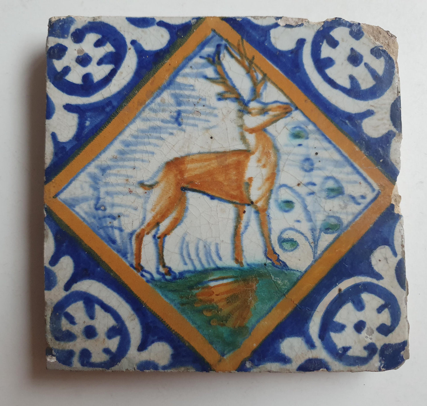 Antique Dutch Tile, 17th Century Polychrome Majolica, Stag Design