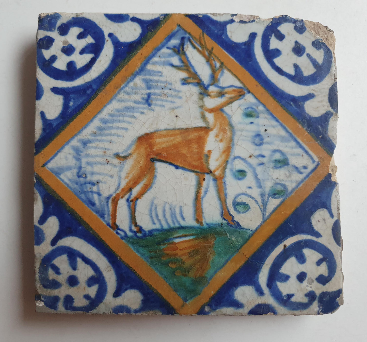 Antique Dutch Tile, 17th Century Polychrome Majolica, Stag Design