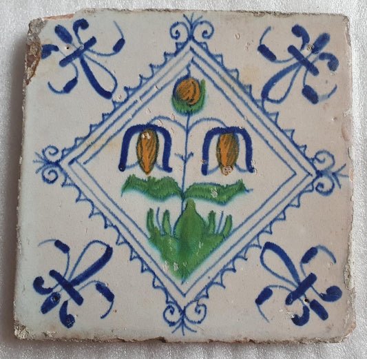 Antique Dutch Delft Tile, Flower Design, Polychrome Majolica