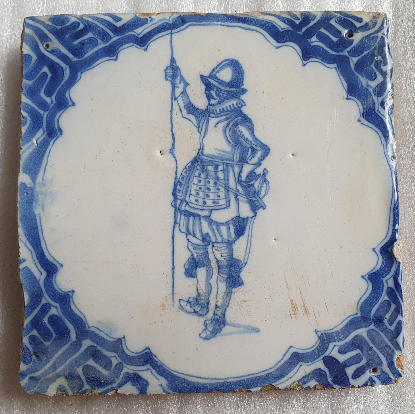 Antique Dutch Delft Tile, 1640, Soldier Pike Design