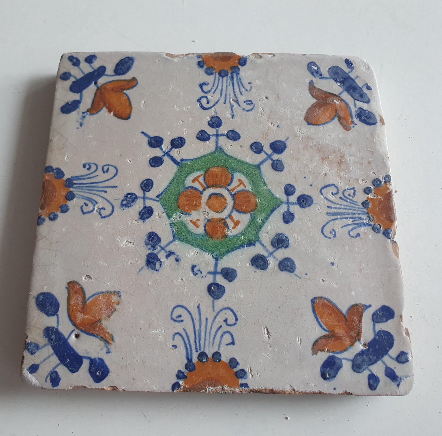 Antique Dutch Delft Tile, Polychrome Floral Ornament, 17th Century