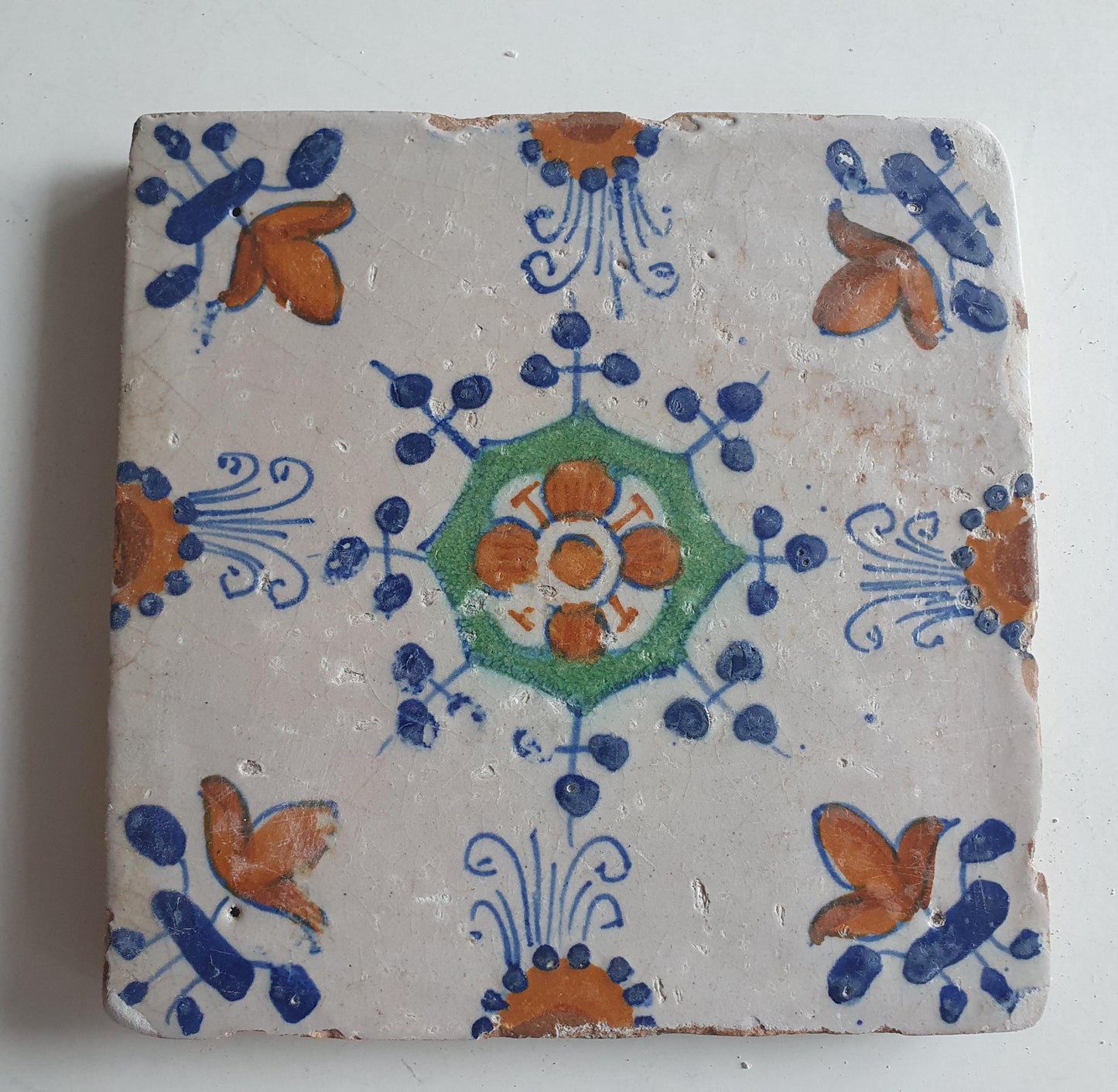 Antique Dutch Delft Tile, Polychrome Floral Ornament, 17th Century