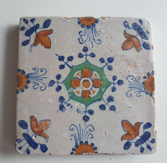 Antique Dutch Delft Tile, Polychrome Floral Ornament, 17th Century