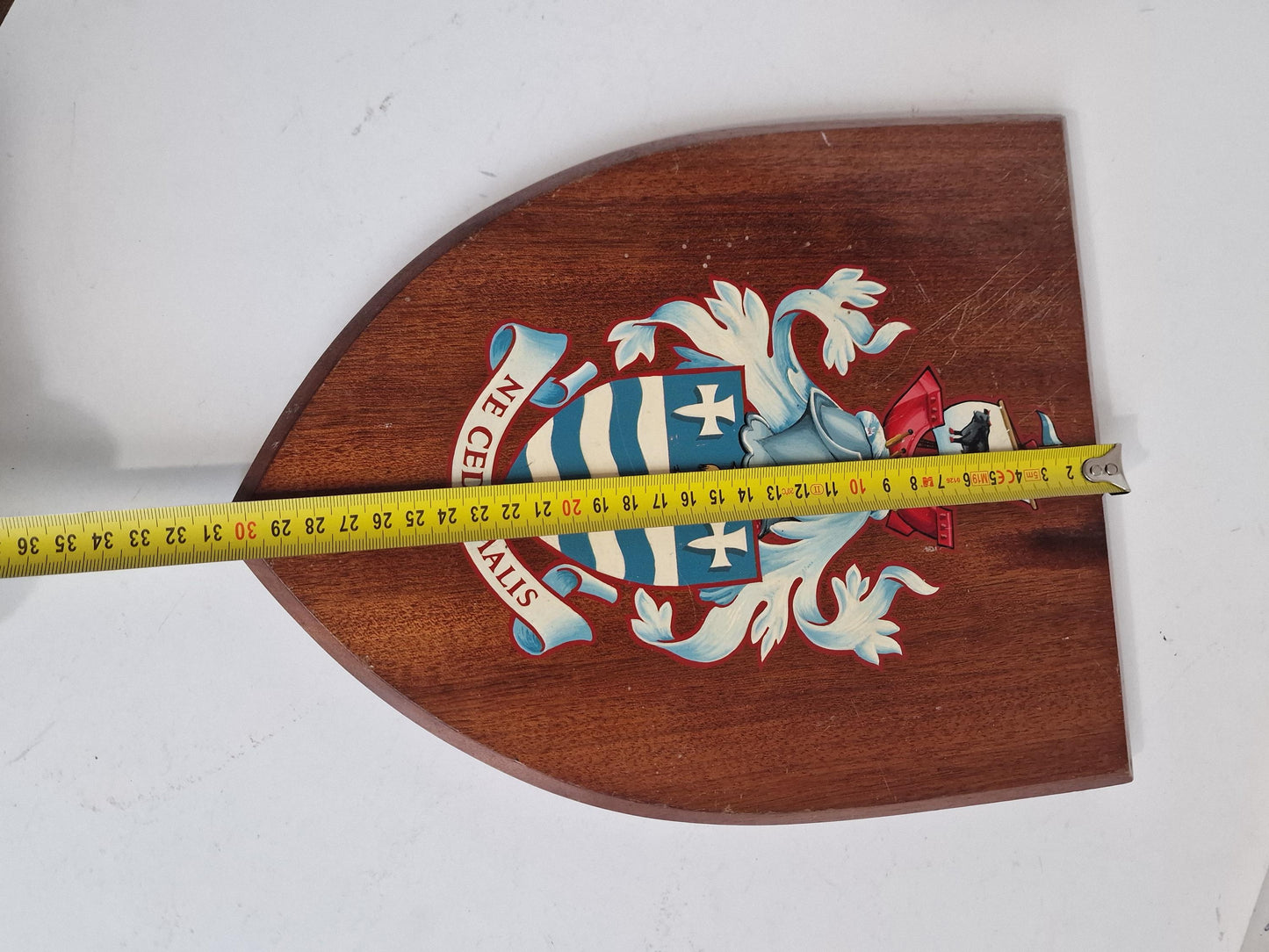 Wood Coat of Arms Shield, "Ne Cede Malis" Latin Motto