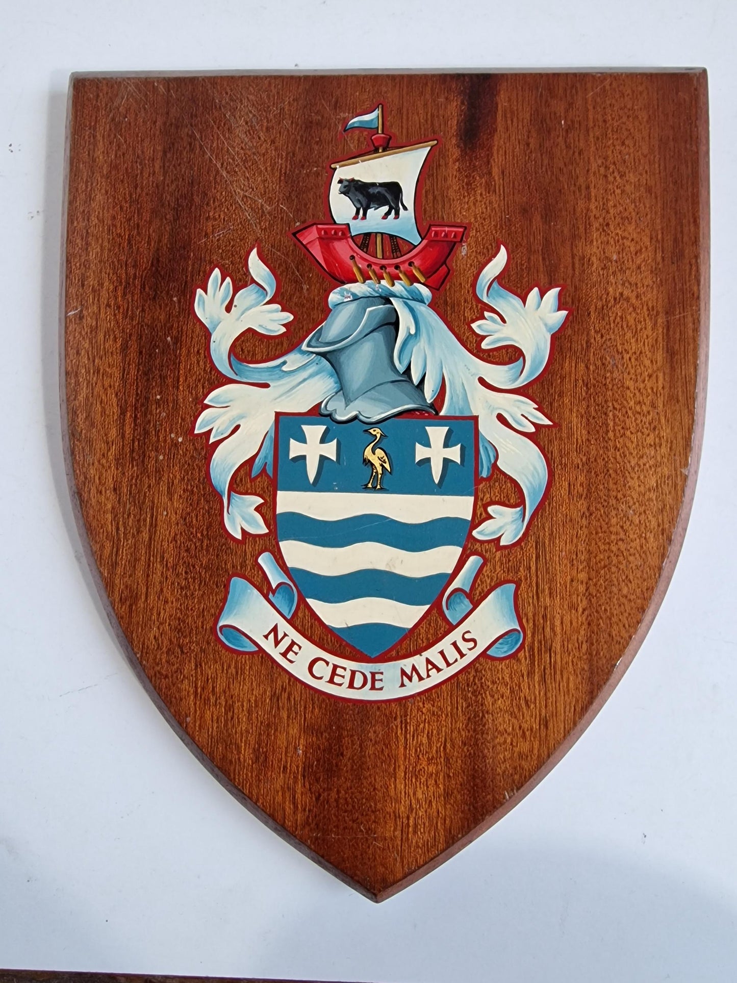 Wood Coat of Arms Shield, "Ne Cede Malis" Latin Motto