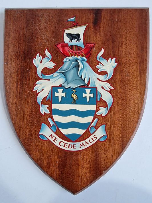 Wood Coat of Arms Shield, "Ne Cede Malis" Latin Motto