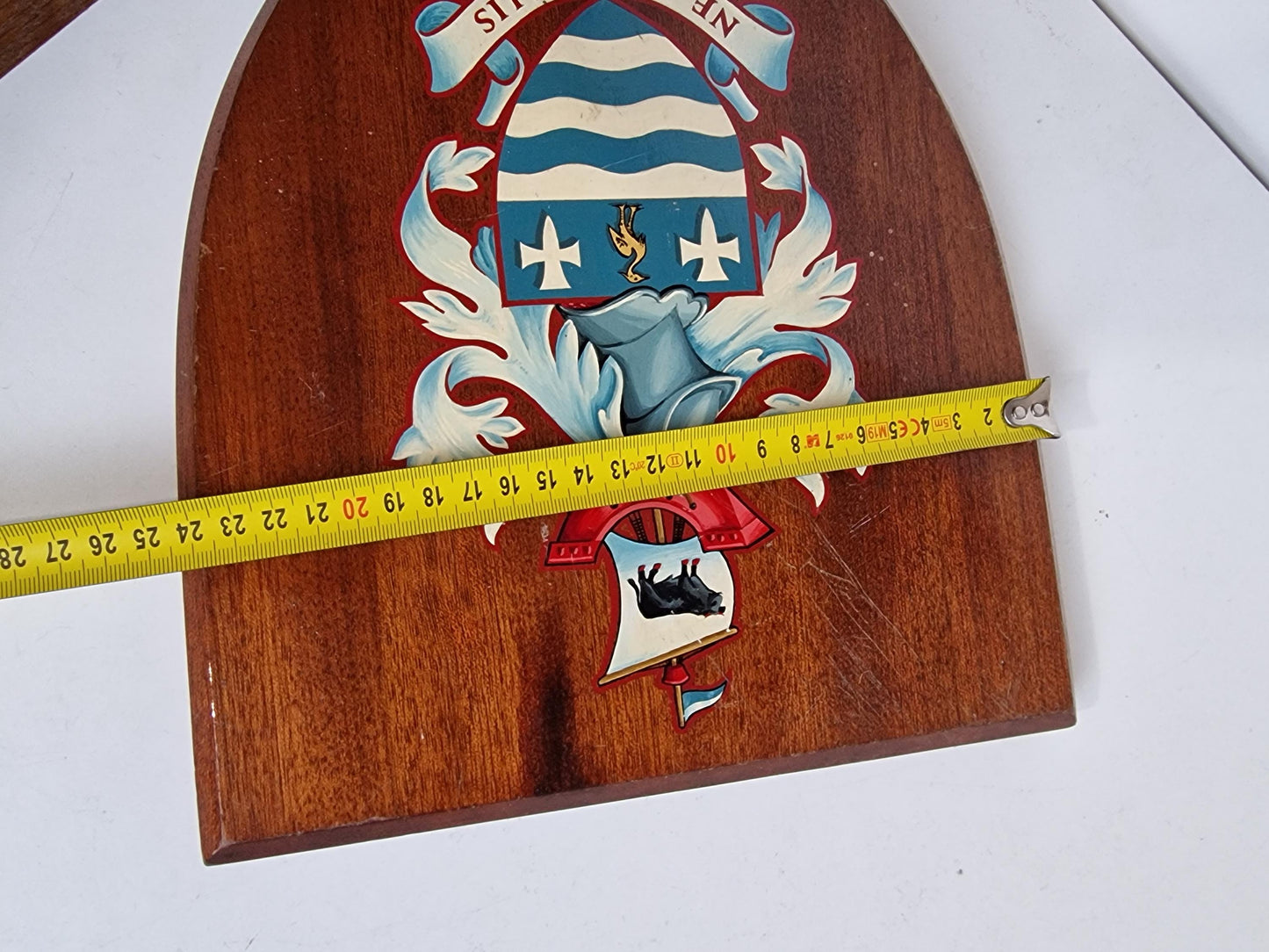 Wood Coat of Arms Shield, "Ne Cede Malis" Latin Motto