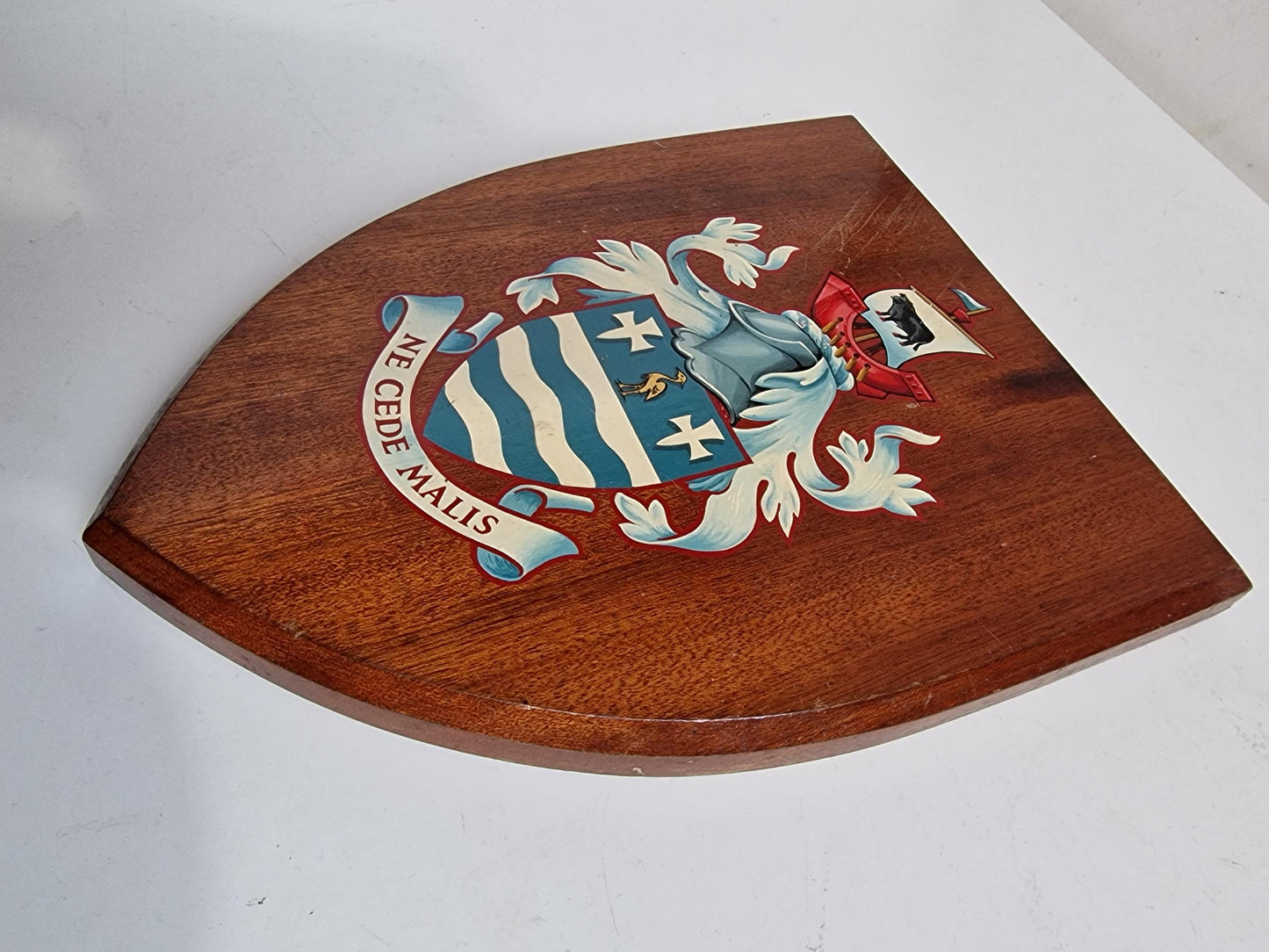 Wood Coat of Arms Shield, "Ne Cede Malis" Latin Motto