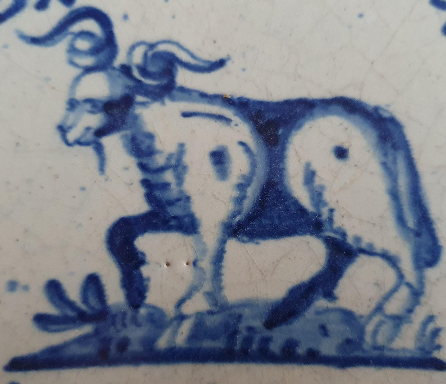 17th century Antique Dutch Tile animal buck oxhead motive delft blue holland tile  beauty