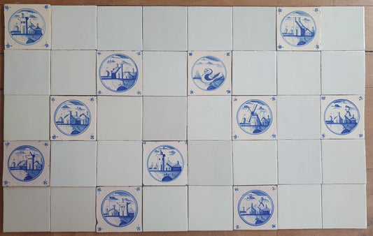 40 Delft Landscape Tiles, 18th Century Dutch White,