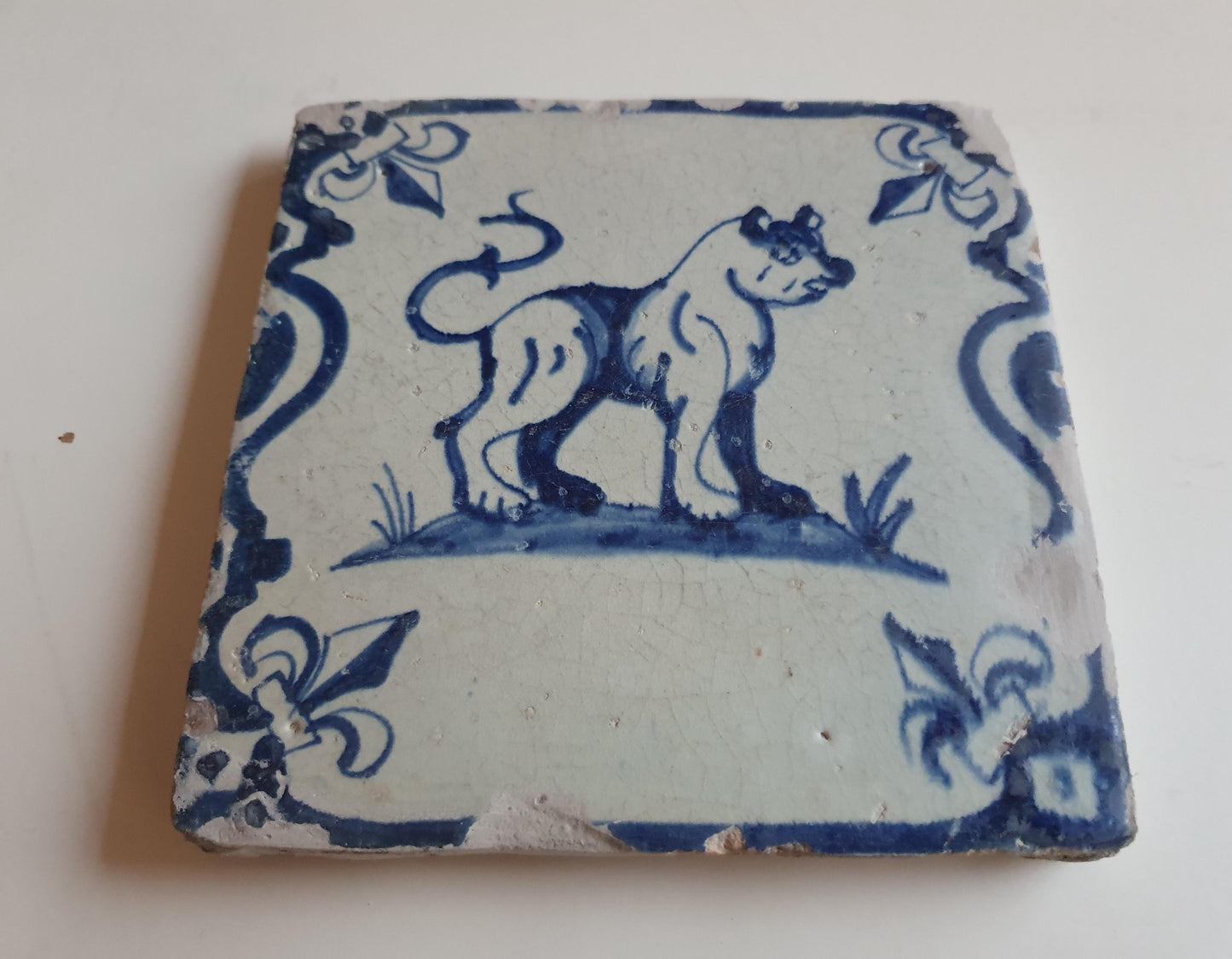 Antique Delft Tile, 17th Century Dutch Lion, Lily Corner