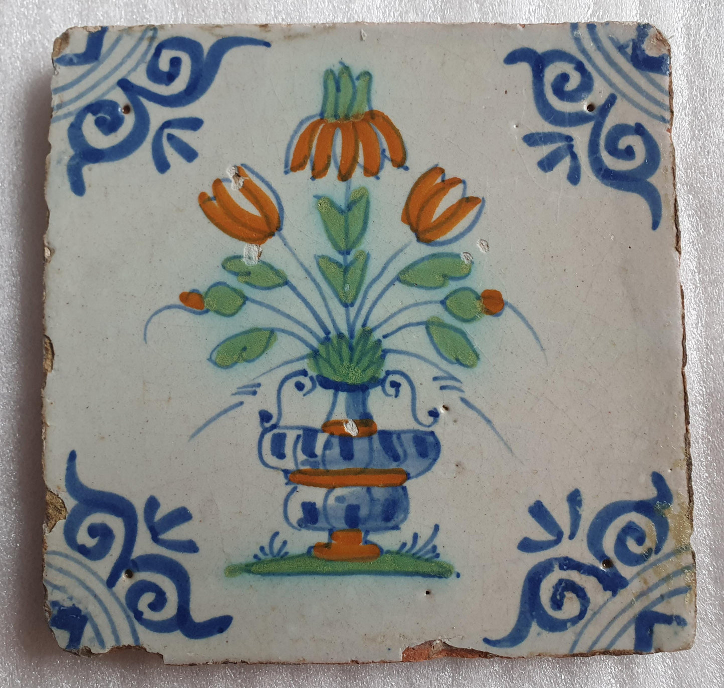 Antique Delft Tile – Polychrome Flower Pot, 17th Century Ornament