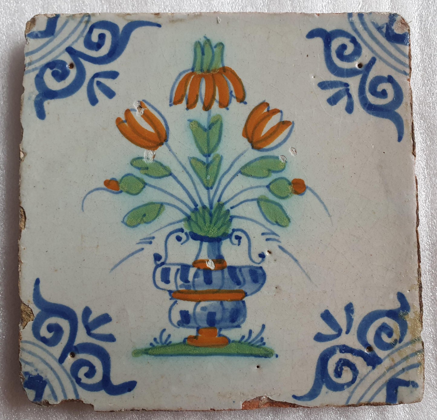 Antique Delft Tile – Polychrome Flower Pot, 17th Century Ornament