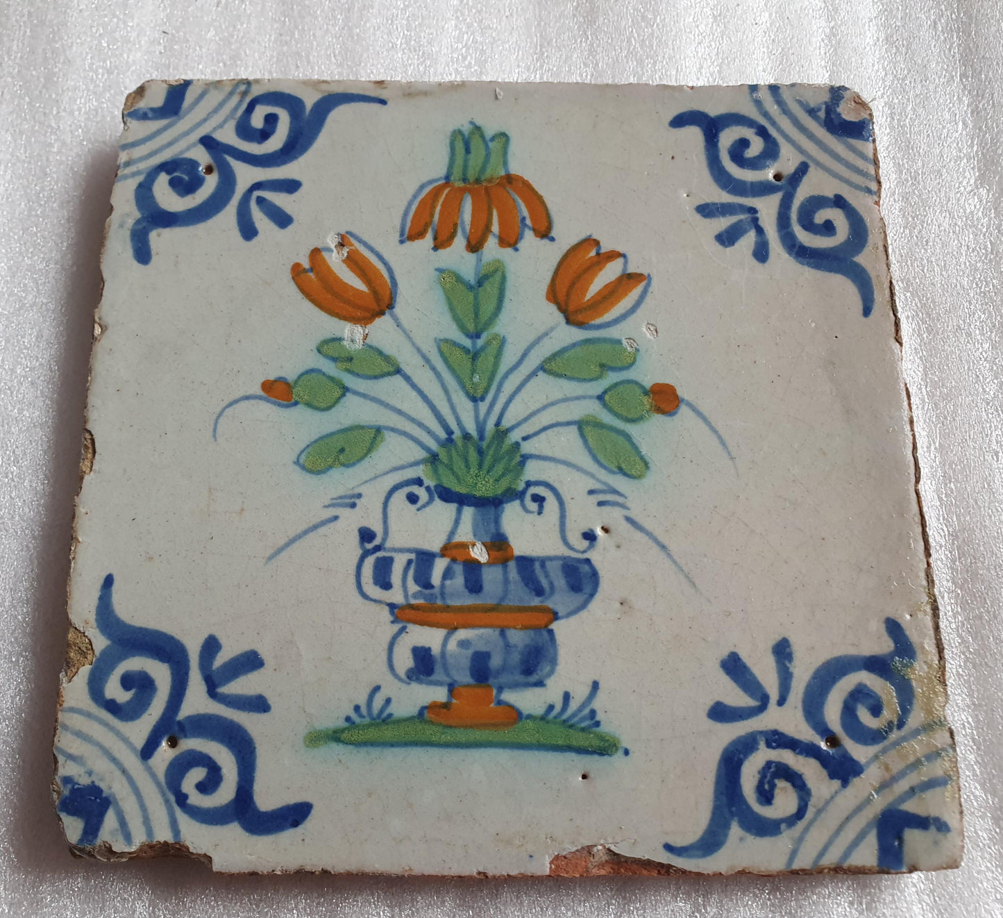 Antique Delft Tile – Polychrome Flower Pot, 17th Century Ornament
