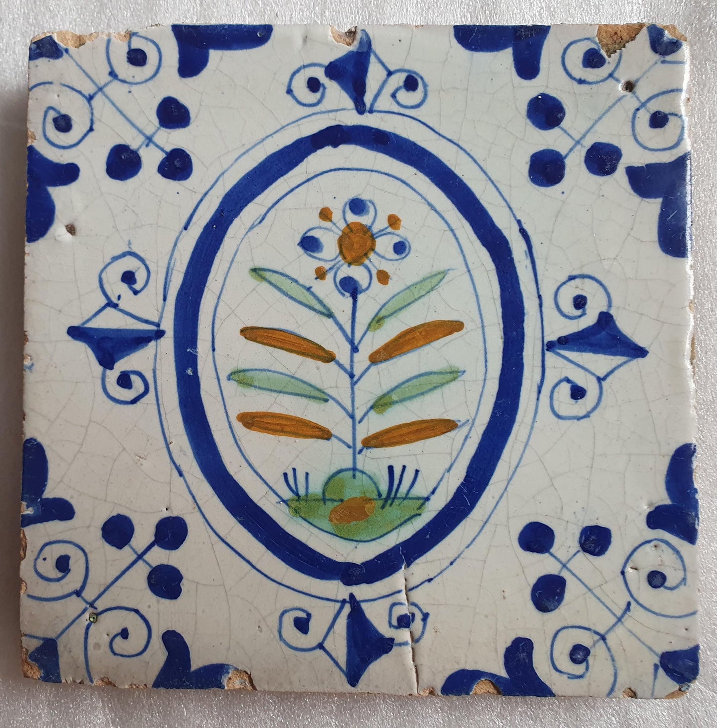 Dutch  polychrome flowerpot antique tile 17th century - delft holland ornament tile around 1640