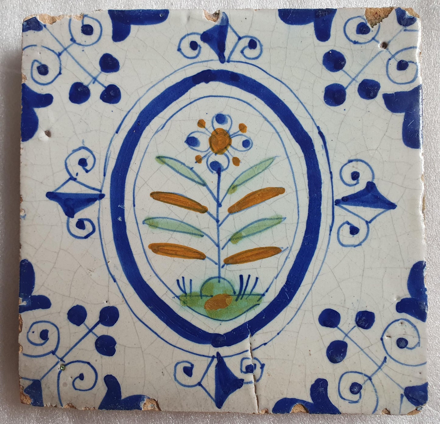 Dutch  polychrome flowerpot antique tile 17th century - delft holland ornament tile around 1640