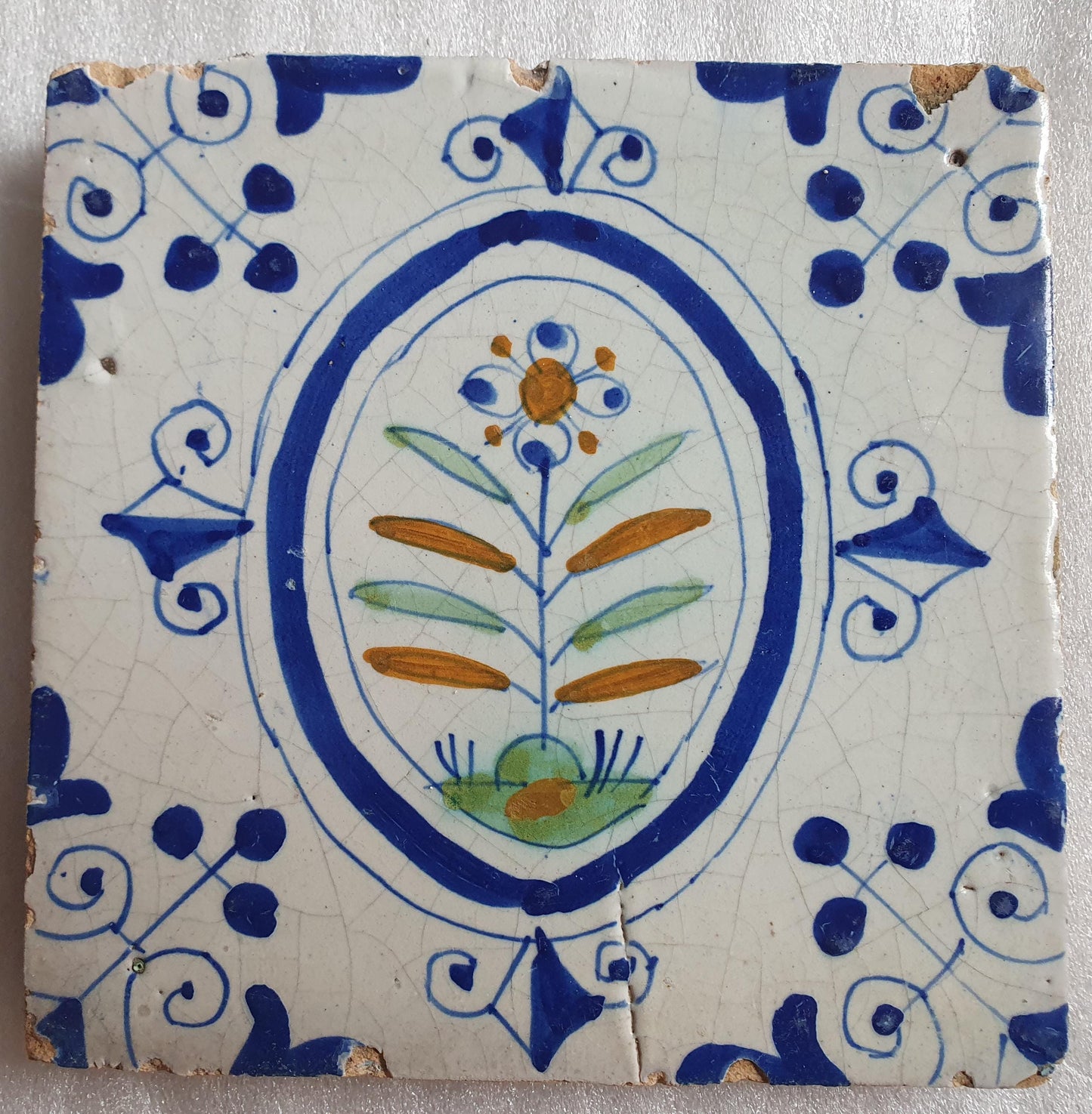 Dutch  polychrome flowerpot antique tile 17th century - delft holland ornament tile around 1640