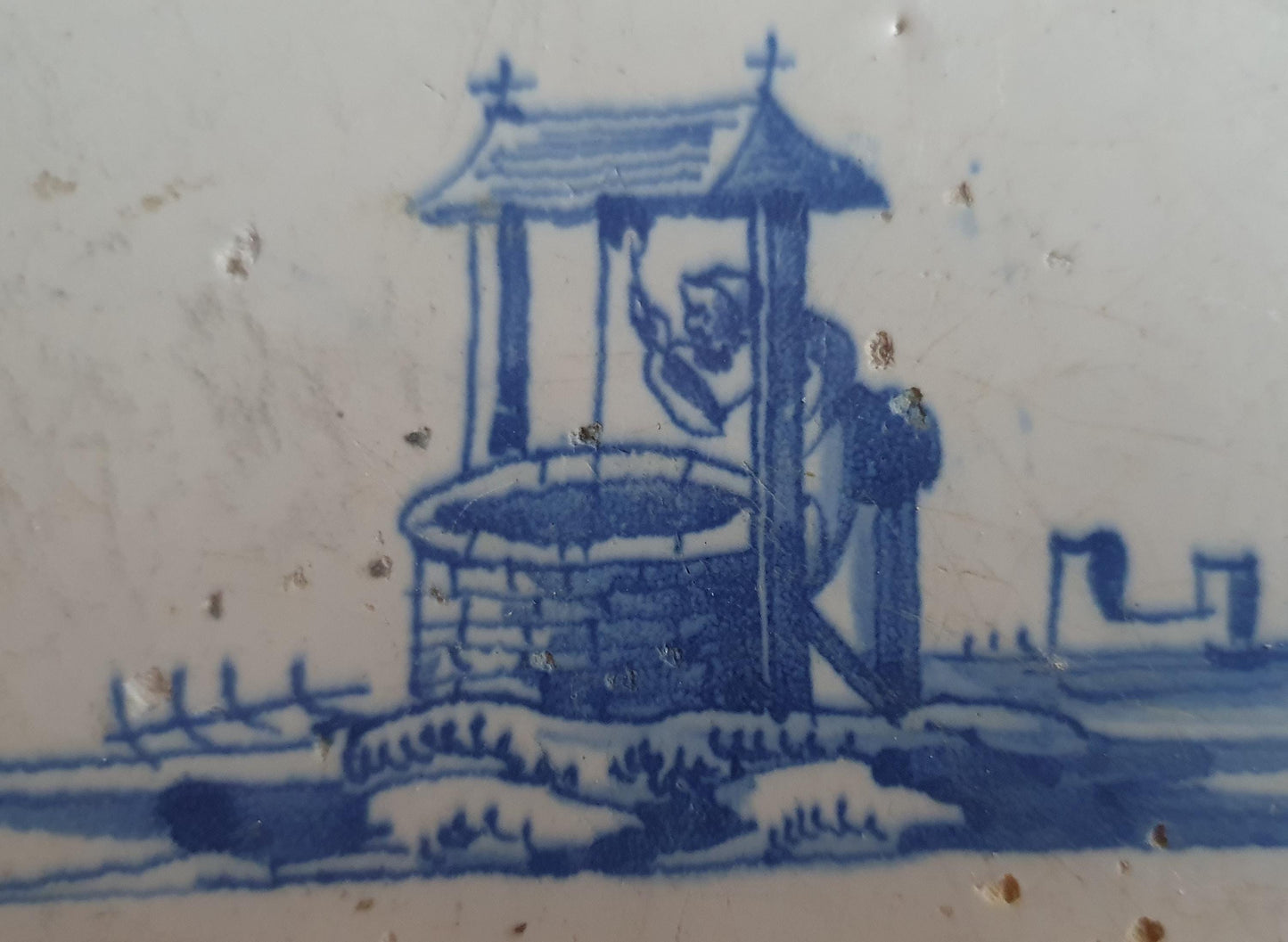 Antique Dutch Tile - water well  - Dated 1700, no corner motif