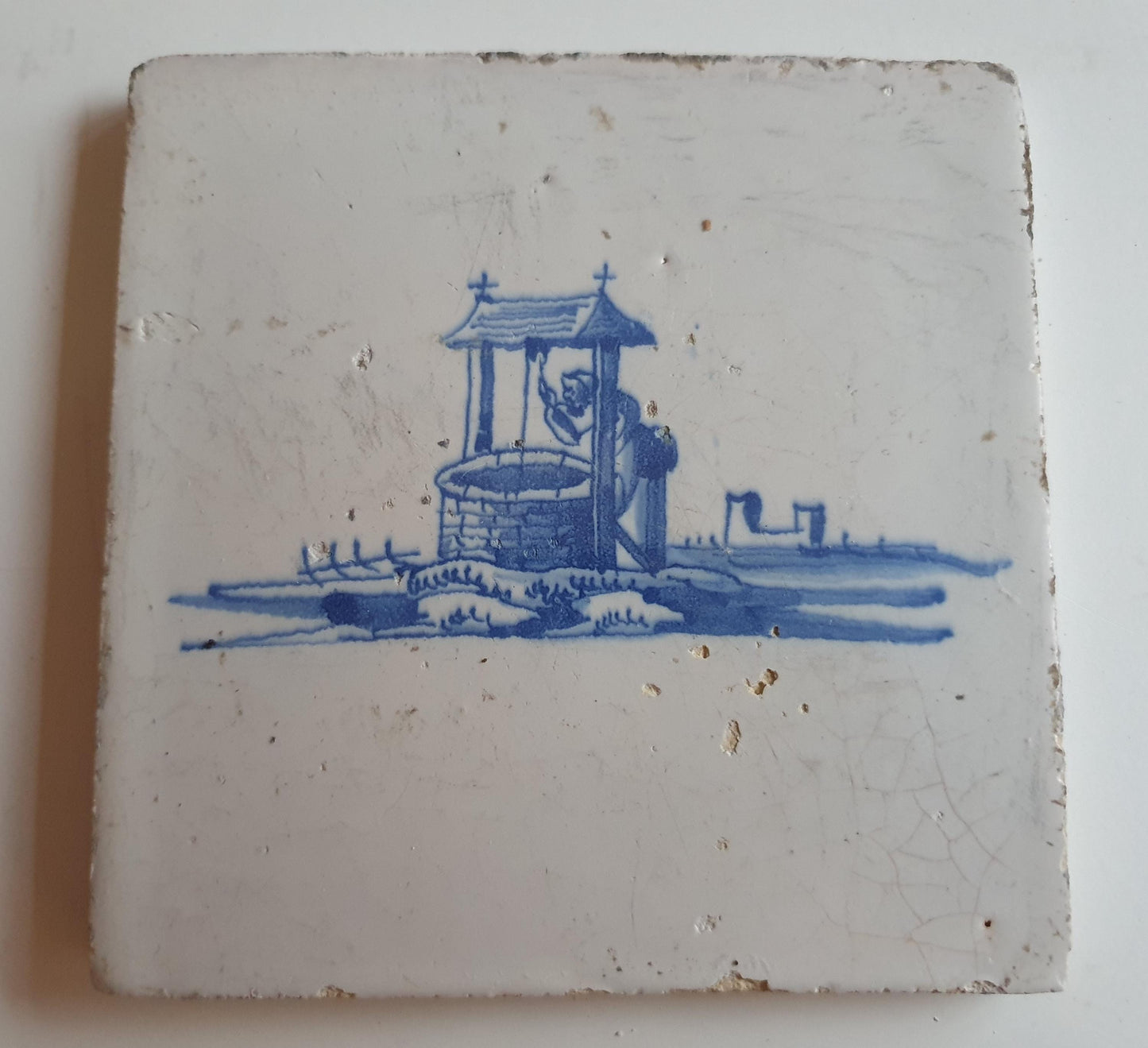 Antique Dutch Tile - water well  - Dated 1700, no corner motif