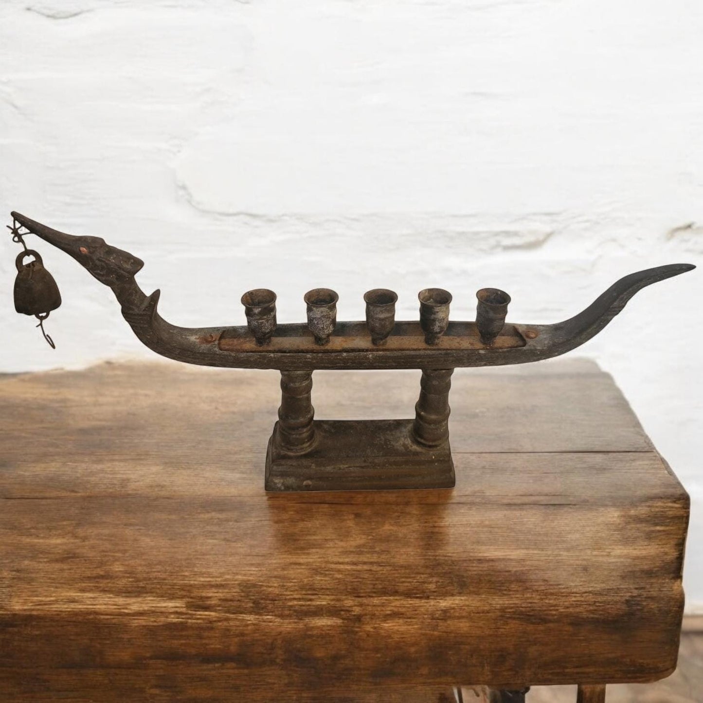 Antique Tribal Bronze Ritual Lamp – Indian Boat with Bell, 5-Holder