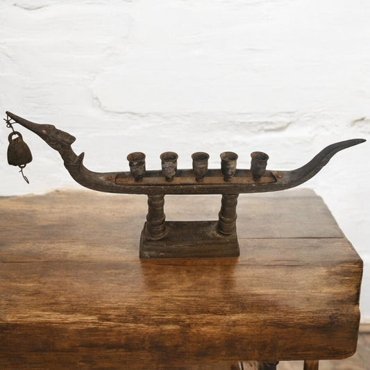 Antique Tribal Bronze Ritual Lamp – Indian Boat with Bell, 5-Holder