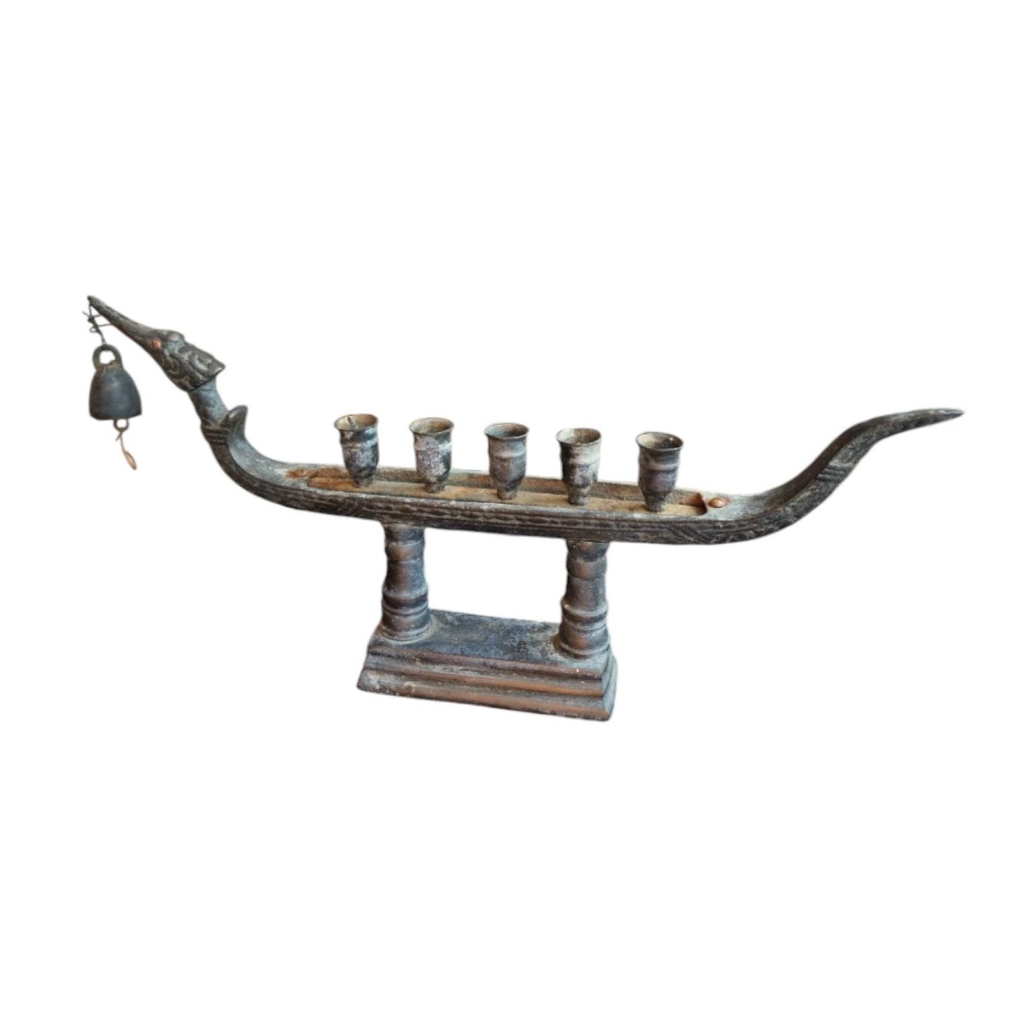 Antique Tribal Bronze Ritual Lamp – Indian Boat with Bell, 5-Holder