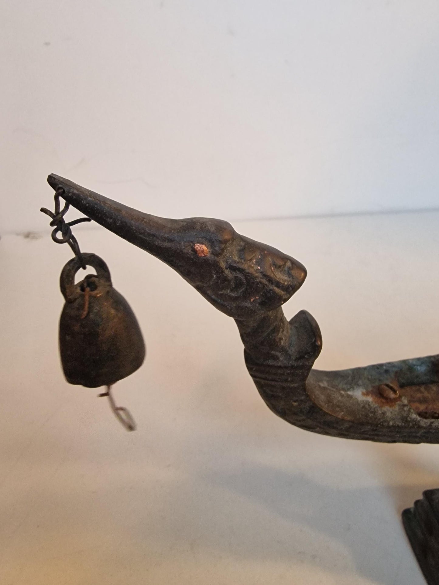 Antique Tribal Bronze Ritual Lamp – Indian Boat with Bell, 5-Holder