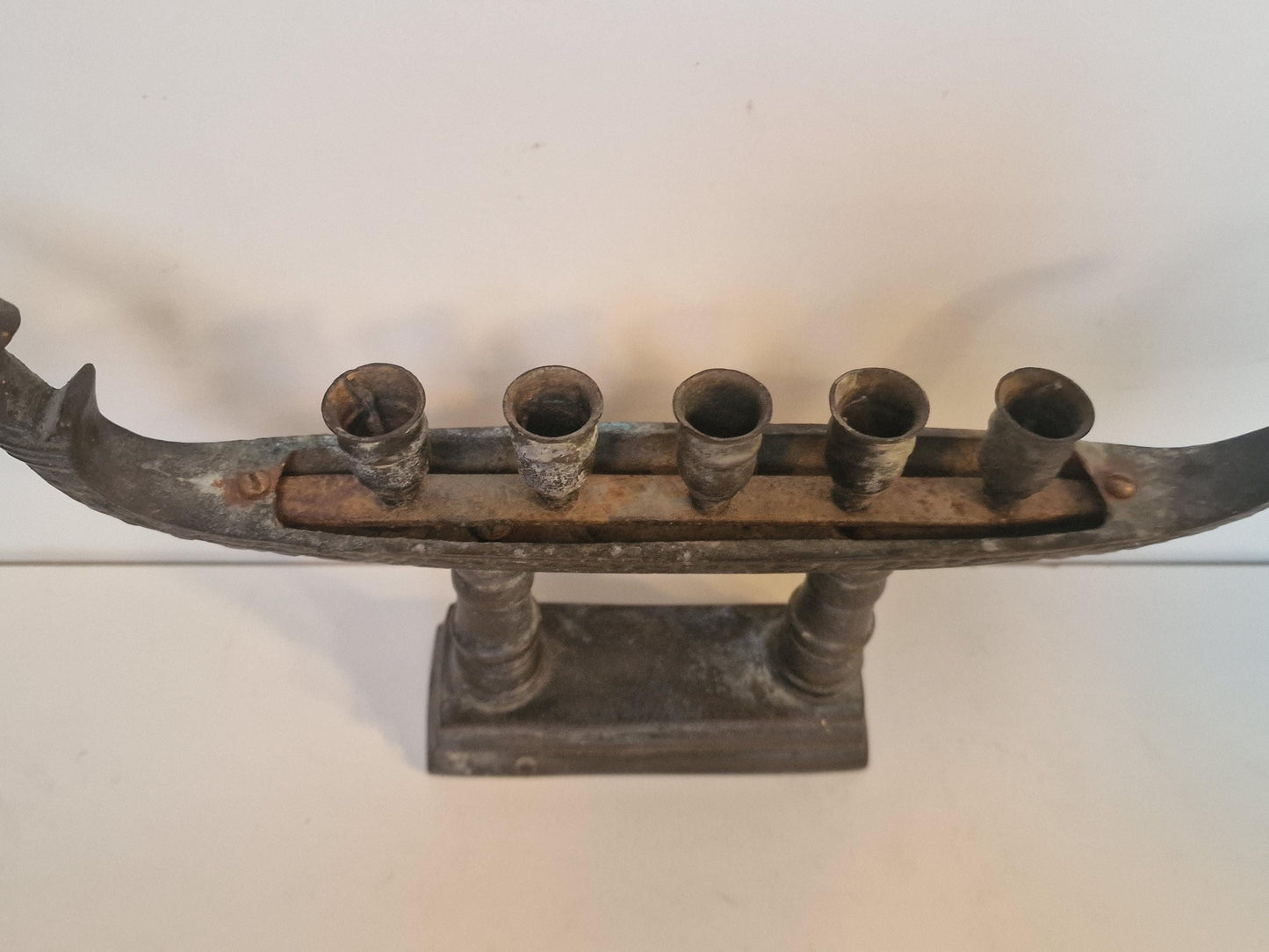 Antique Tribal Bronze Ritual Lamp – Indian Boat with Bell, 5-Holder